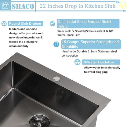 22x18 Inch Black Drop In Kitchen Sink, 22 Inch Gunmetal Black Outdoor Bar Sink, 16 Gauge Stainless Steel Single Bowl Small Kitchen Sink with Strainer Drain
