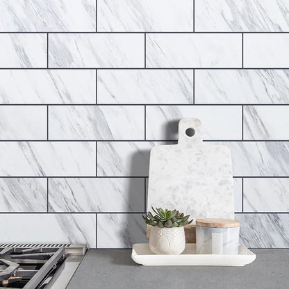 AULIGET 6" x 12" White Marble Peel and Stick Backsplash Wall Tiles, PVC Faux Stone Stick on Tiles for Backsplash Kitchen, Bathroom, Laundry Room, Camper, Fireplace (Pack of 20)