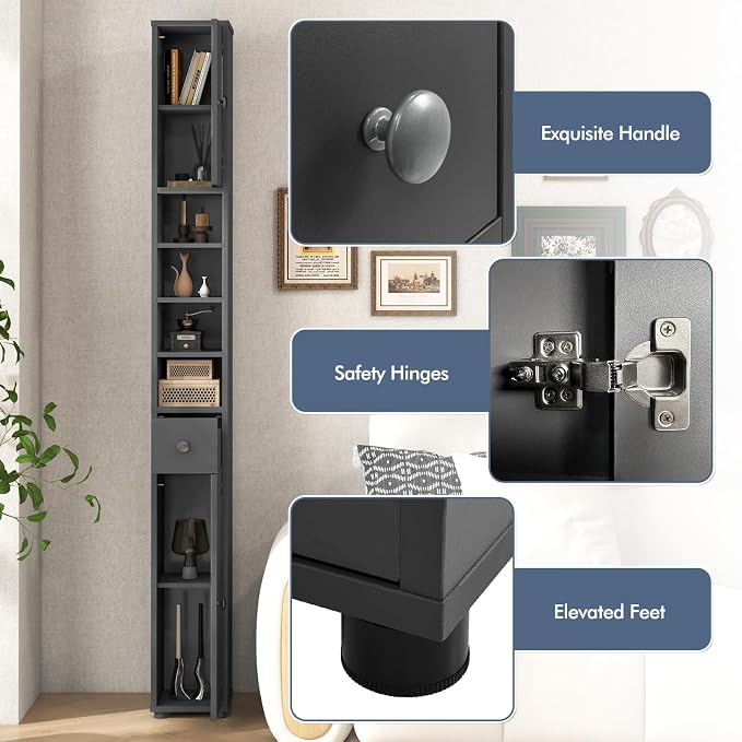 GIANTEX 71” Tall Slim Bathroom Storage Cabinet (Grey) | Narrow Floor Cabinet with 2 Doors, 5 Adjustable Shelves, 1 Drawer, Anti-Tipping Device for Small Spaces, Living Room, Kitchen