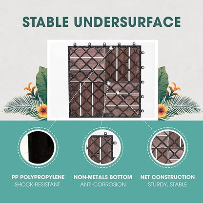 IDZO Interlocking Deck Tiles - 10PCS Waterproof Acacia Wood Patio Tiles, Flooring Tiles for Both Indoor and Outdoor - Decking Checker Pattern, 12 x 12 x 0.9 Inches, Dark Brown