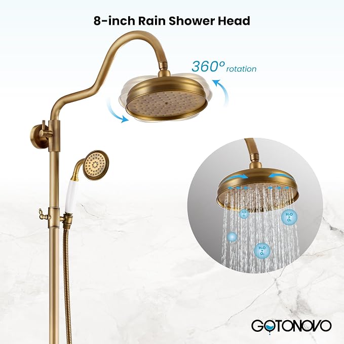 gotonovo Exposed Bathroom Shower System Two Cross Handle Antique Brass | Vintage Brass Tub Shower Faucet Set,8’’ Rain Head with Handheld Spray,Swivel Tub Spout,6’’ Hole Distance,Adjustable Height