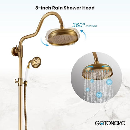 gotonovo Exposed Bathroom Shower System Two Cross Handle Antique Brass | Vintage Brass Tub Shower Faucet Set,8’’ Rain Head with Handheld Spray,Swivel Tub Spout,6’’ Hole Distance,Adjustable Height