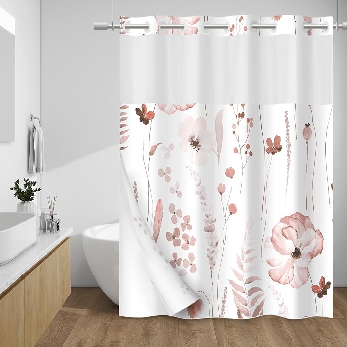 No Hook Floral Shower Curtain with Liner, Blush, 71x74 | Snap in Liner, 3 in 1, Water Repellent, Easy Install, Machine Washable, Hotel Style for Bathroom, Watercolor Pattern