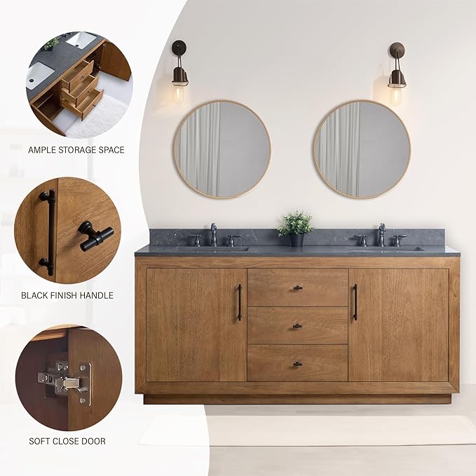 HOMEBEYOND 72" Bathroom Vanity with Double Sink & Ceramic Top, MDF Material Vanity Cabinet with Basin Combo, Soft-Closing Doors, Removable Shelf, Backsplash, Tan