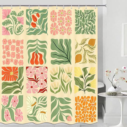 JAWO Retro Shower Curtain Vintage Abstract Boho Floral Shower Curtains for Bathroom Decor Pink Yellow Botanical Geometric Groovy Aesthetic Pattern Shower Curtain Sets with Hooks,60X70IN