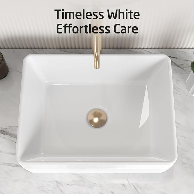 KES Rectangular Bathroom Vessel Sink White 19x15 Inches Rectangle Above Counter Countertop Porcelain Ceramic Vanity Sink, BVS110