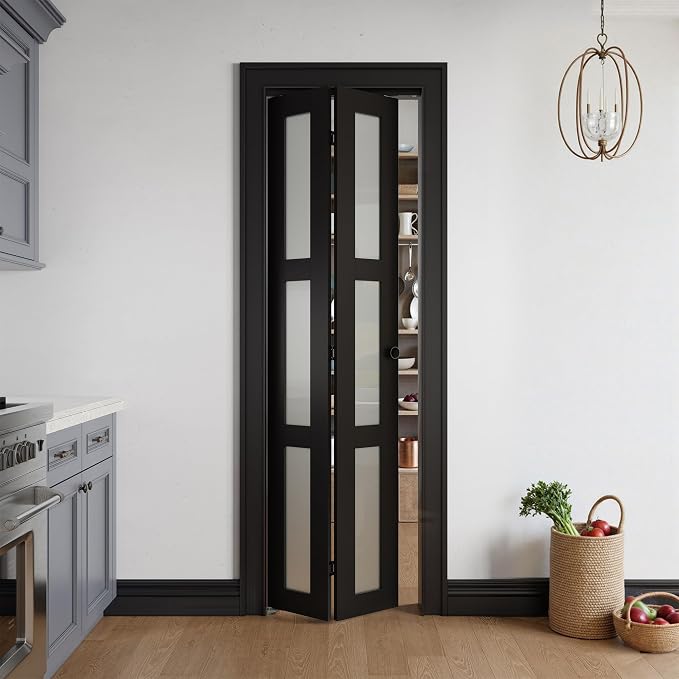 Bifold Doors for 28" x 80" Opening,Tempered Frosted Glass,Black | Closet Folding Doors with Hardware kit Included, Easy Assembly for Pantry Closet,Water-Proof PVC Surface