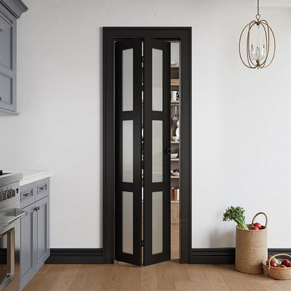 Bifold Doors for 28" x 80" Opening,Tempered Frosted Glass,Black | Closet Folding Doors with Hardware kit Included, Easy Assembly for Pantry Closet,Water-Proof PVC Surface