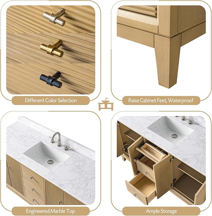 Vanity Art 60" Bathroom Vanity with Single Sink & Arabescato White Engineered Stone Top, Vanity Cabinet with Soft Closing Door, Solid Wood Frame, Golden Brushed Handles, Natural Oak VA8160S-NO-GB
