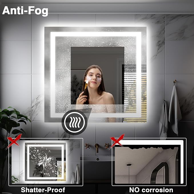 EchosLife 36"x36" Square LED Bathroom Mirror | Backlit + Front Lit, Anti-Fog, Stepless Dimmable, 3 Colors, Memory, Tempered Glass, UL Listed, Horizontal/Vertical