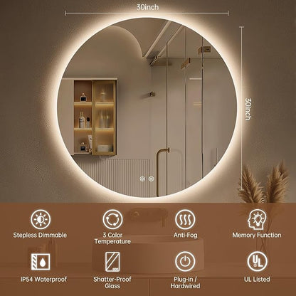 LOVESPEJO 30 Inch Round Backlit Bathroom Mirror with Lights, Circle LED Mirror for Bathroom, Fogless, Stepless Dimmable, 3 Color Changing, Memory, IP54, Shatter-Proof