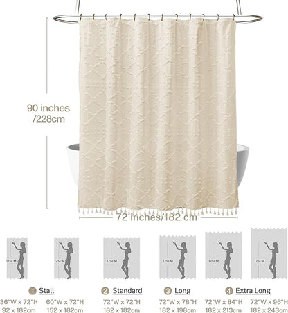 Extra Long Boho Farmhouse Shower Curtain Woven Fabric Beige 90 Inch Shower Curtain, 72 x 90 Tufted Chevron Textured Striped Modern Minimalist Cloth Shower Curtain for Bathroom
