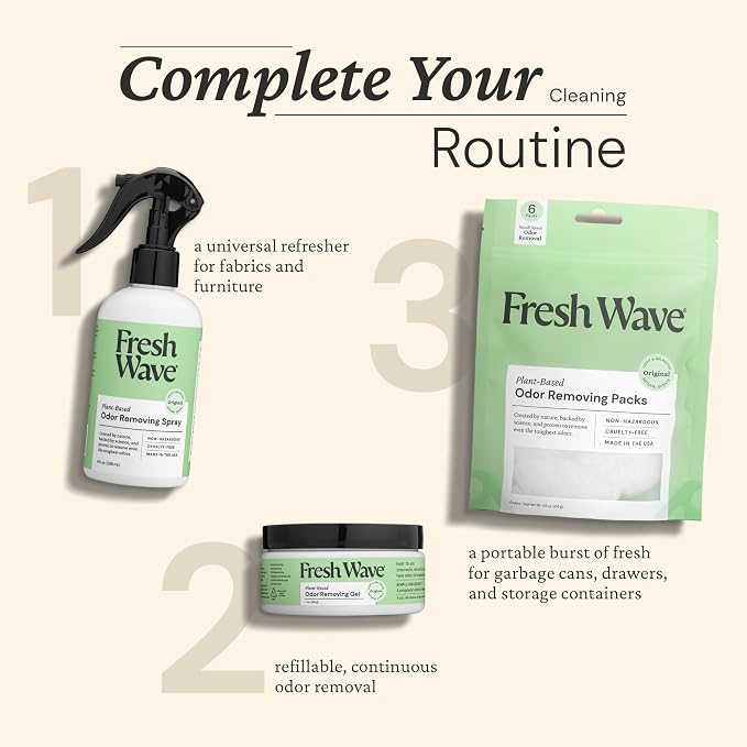 Fresh Wave Original Odor Eliminator Gel 3-Pk 7 oz - Air Freshener for Home | Plant-based essential oils. Lasts 15-30 days per jar. No plug-in needed. Pet-safe, closet and bathroom deoderizer.