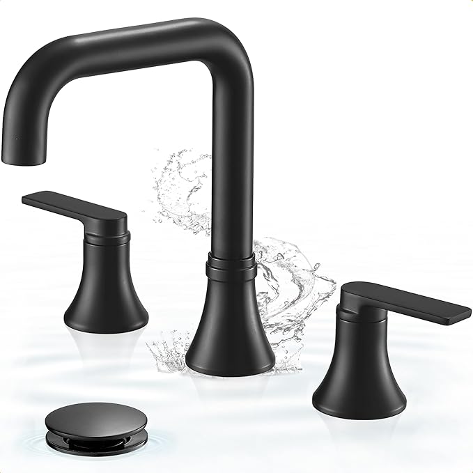 Black Bathroom Faucet Widespread 360 Degree Swivel Bathroom Faucets for Sink 3 Hole 4-10 Inch, 2 Handles Bathroom Sink Faucet with Pop-Up Drain & Water Supply Hose for Hotels, Rental Houses, RV