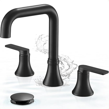 Black Bathroom Faucet Widespread 360 Degree Swivel Bathroom Faucets for Sink 3 Hole 4-10 Inch, 2 Handles Bathroom Sink Faucet with Pop-Up Drain & Water Supply Hose for Hotels, Rental Houses, RV