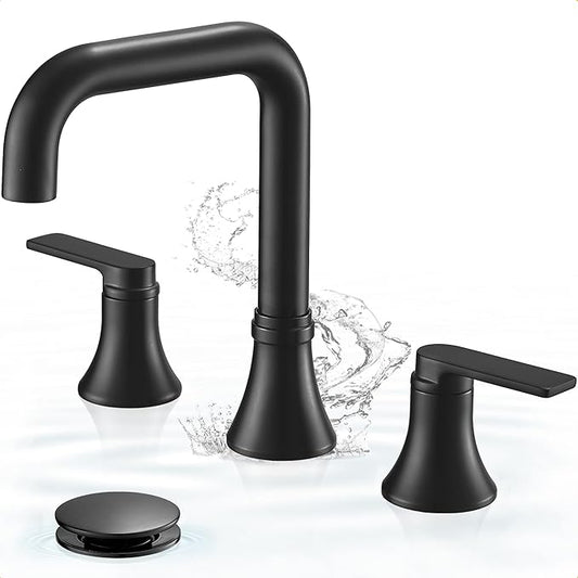 Black Bathroom Faucet Widespread 360 Degree Swivel Bathroom Faucets for Sink 3 Hole 4-10 Inch, 2 Handles Bathroom Sink Faucet with Pop-Up Drain & Water Supply Hose for Hotels, Rental Houses, RV