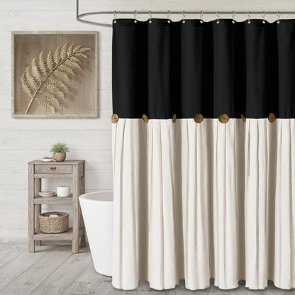Farmhouse Shower Curtain Linen Button Black-Cream 72" W x 72" L | Farmhouse Style, Chic Button, Striped, Linen Fabric, Rustic, Country, Natural Look, Washable, for Bathroom Bathtub