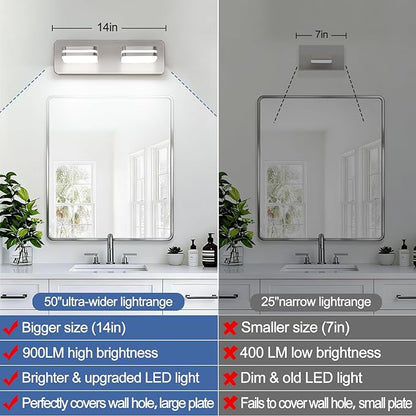 360° Rotate 2-Light LED Bathroom Vanity Light Fixtures, 900LM Acrylic Brushed Nickel Vanity Lights for Bathroom, Modern Wall Lighting Fixtures Over Mirror Kitchen Living (Natural White Light 5000K)
