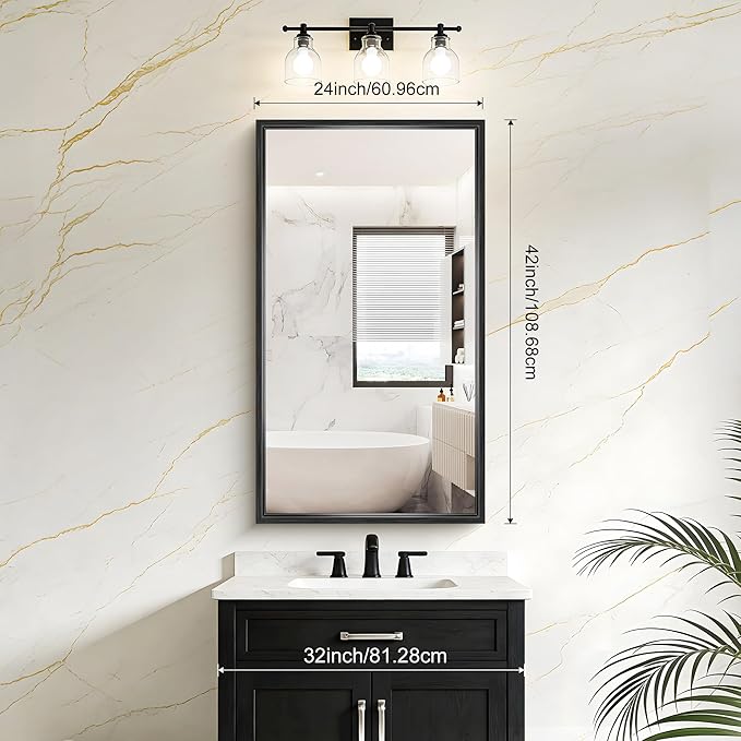 Bathroom Mirror, 42 x 24 Inch Brushed Black Rectangle Mirror, 0.6" Thickened Deep Frame Vanity Mirrors for Bathroom Sink, Shatterproof Tempered Glass, Antirust, Horizontally or Vertically