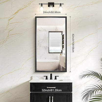 Bathroom Mirror, 42 x 24 Inch Brushed Black Rectangle Mirror, 0.6" Thickened Deep Frame Vanity Mirrors for Bathroom Sink, Shatterproof Tempered Glass, Antirust, Horizontally or Vertically