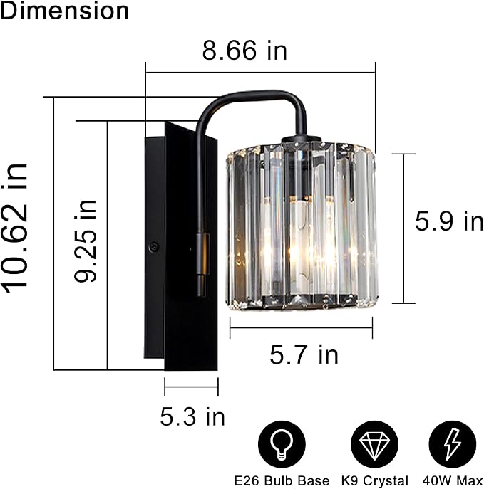 Wall Sconce,Crystal Wall Sconce,Black Wall Light Fixtures Indoor | 10 Inch Modern Wall Lighting Black Sconce for Living Room Hallway Bedroom Bathroom, 2 Crystal Strip Rplacement, E26