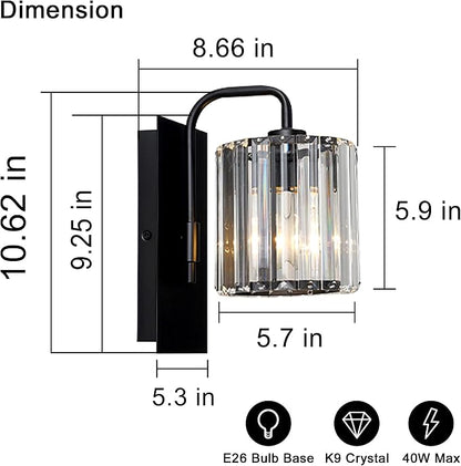 Wall Sconce,Crystal Wall Sconce,Black Wall Light Fixtures Indoor | 10 Inch Modern Wall Lighting Black Sconce for Living Room Hallway Bedroom Bathroom, 2 Crystal Strip Rplacement, E26