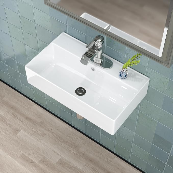 21"x12" White Ceramic Wall Mount Floating Bathroom Vessel Sink | Wall Mount Bathroom Sink Rectangle Vanity Vessel Bathroom Sink