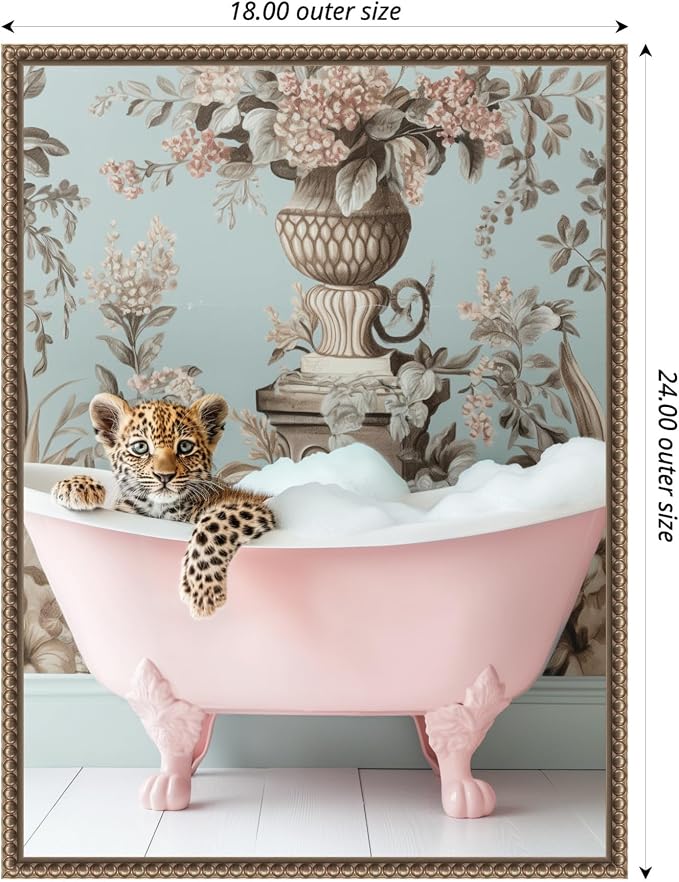 Amanti Art Framed Canvas Wall Art 24x18 Leopard Pink Bubble Bath by Niky Rahner, Framed Wall Art Canvas, Animals Artwork, Traditional Decor, Medium Poster Painting for Living Room, Bedroom, Bathroom