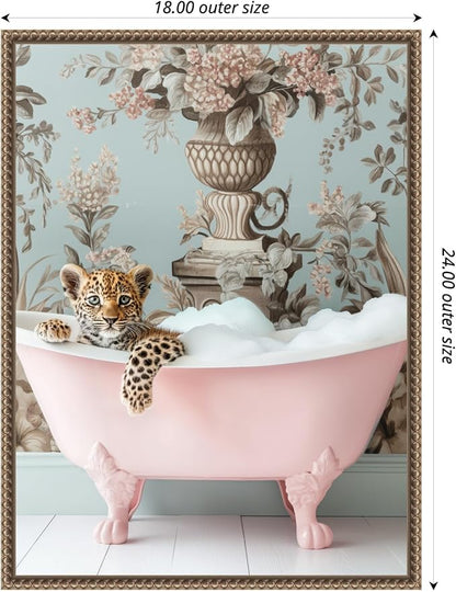 Amanti Art Framed Canvas Wall Art 24x18 Leopard Pink Bubble Bath by Niky Rahner, Framed Wall Art Canvas, Animals Artwork, Traditional Decor, Medium Poster Painting for Living Room, Bedroom, Bathroom