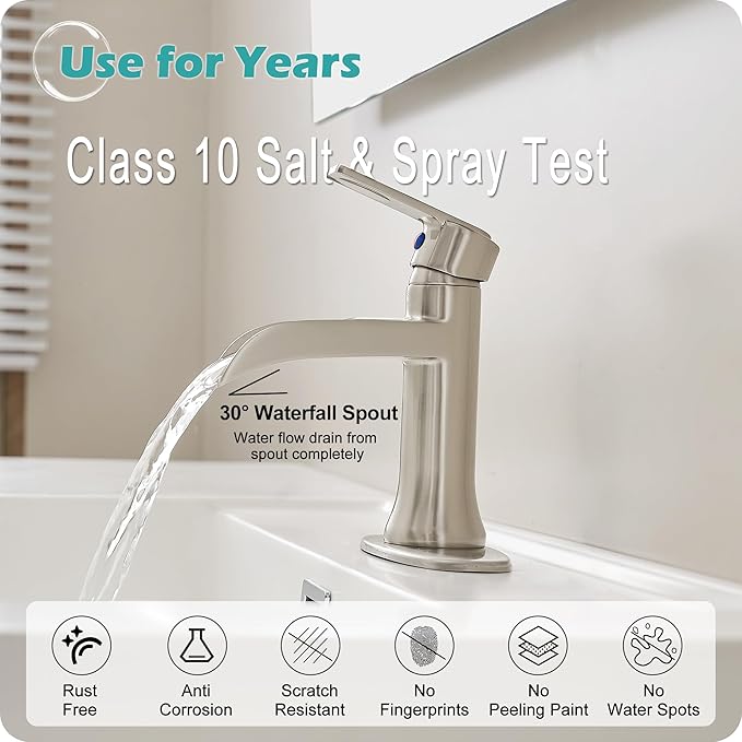 Bathroom Waterfall Faucet Single Handle, Brushed Nickel Faucet Bathroom Brass 1 Hole or 4 Inch 3 Hole Bathroom Sink Faucet, Restroom Faucets for Sink with Drain & Deck Plate for Hotel Apartment