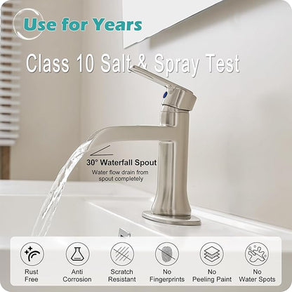 Bathroom Waterfall Faucet Single Handle, Brushed Nickel Faucet Bathroom Brass 1 Hole or 4 Inch 3 Hole Bathroom Sink Faucet, Restroom Faucets for Sink with Drain & Deck Plate for Hotel Apartment
