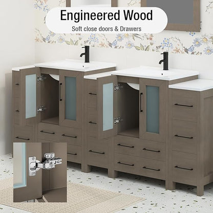 HOMEBEYOND 84 Inch Modern Bathroom Vanity with Sink & Mirror, Double Sink Vanity Cabinet with Basin and Mirror, Dove-Tailed Drawers, Soft-Closing Doors, Wood, Driftwood Gray