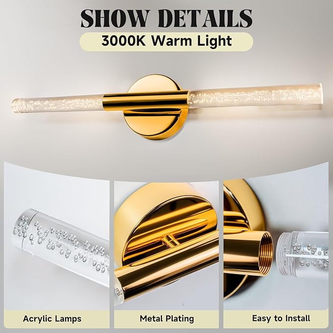 LED Bathroom Vanity Lights,24 inch Bathroom Light Fixtures Over Mirror,3000K Natural Warm Light, ETL＆UL Listed, Modern Wall Sconce for Bedroom,Living Room,Hallway,Gold