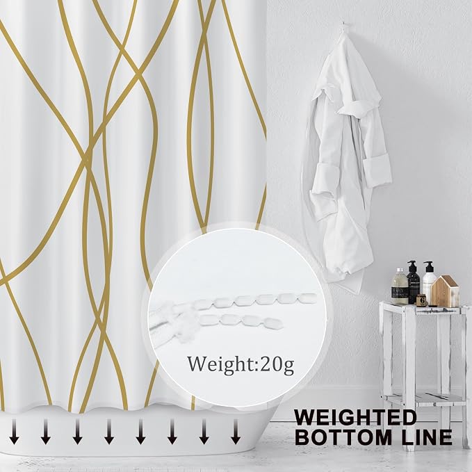 Striped Shower Curtain for Bathroom, Gold Light Brown White, 72x78 | with Hooks, Modern Hotel Style, Water Repellent, Washable, Weighted Hem