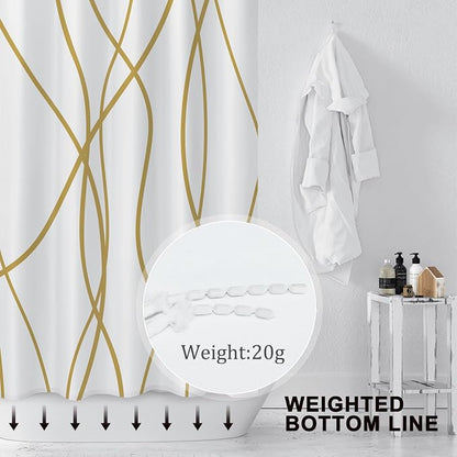 Striped Shower Curtain for Bathroom, Gold Light Brown White, 72x78 | with Hooks, Modern Hotel Style, Water Repellent, Washable, Weighted Hem