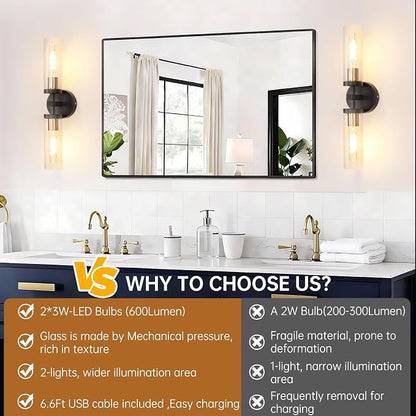 Shenmoyl Set of 2 Wall Sconces, 7800 mAh Battery Operated Wall Sconce with 3 Colors & Remote Control, Black Gold Rechargeable Wall Lamp with Clear Glass Shade for Bedroom, Bathroom, Stairwell, Hallway