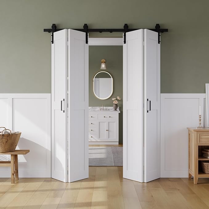 SMARTSTANDARD Bifold Barn Door 56" x 84", MDF Bi-Fold Sliding Closet Doors | Hardware Kit Included, Pre-Finished Easy Assembly, Water-Proof PVC Surface & Save Space, H-Frame, 64" Track for 4 Doors