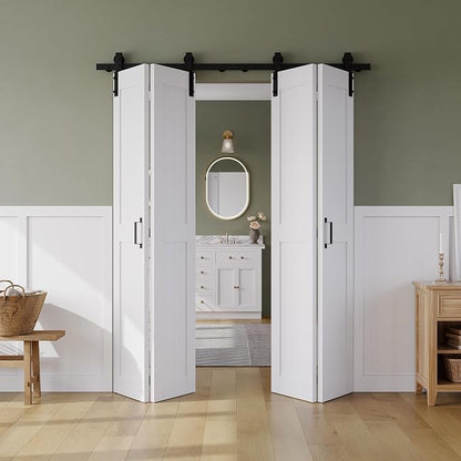 SMARTSTANDARD Bifold Barn Door 56" x 84", MDF Bi-Fold Sliding Closet Doors | Hardware Kit Included, Pre-Finished Easy Assembly, Water-Proof PVC Surface & Save Space, H-Frame, 64" Track for 4 Doors
