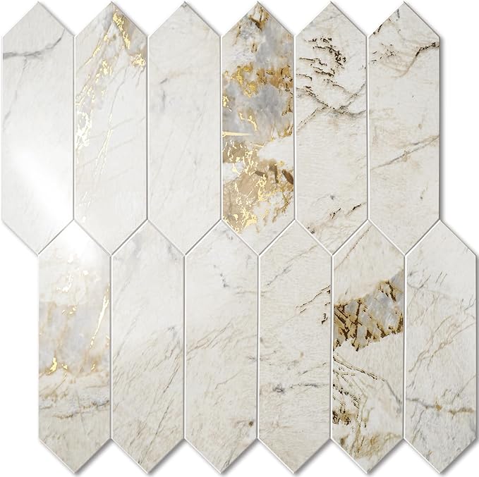 Vamos Tile Glossy Pandora Marble with Gold Veining Backsplash Tile Peel and Stick, 12.8 x 12.8 Inch 1 Sheet Long Hexagon PVC Self Adhesive Mosaic Tiles Stick on Backsplash for Kitchen and Bathroom