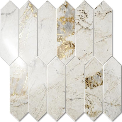 Vamos Tile Glossy Pandora Marble with Gold Veining Backsplash Tile Peel and Stick, 12.8 x 12.8 Inch 1 Sheet Long Hexagon PVC Self Adhesive Mosaic Tiles Stick on Backsplash for Kitchen and Bathroom