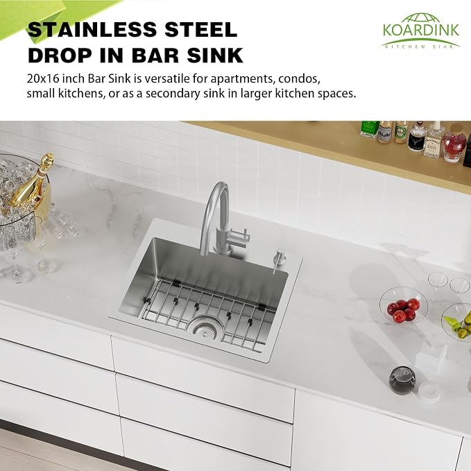 20x16In Drop In Kitchen And Bar Sink, Stainless Steel, Single Bowl | Modern Topmount Bar Sink, Come With Accessory, ideal for small kitchens, bars, prep stations, and utility areas.