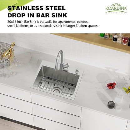 20x16In Drop In Kitchen And Bar Sink, Stainless Steel, Single Bowl | Modern Topmount Bar Sink, Come With Accessory, ideal for small kitchens, bars, prep stations, and utility areas.