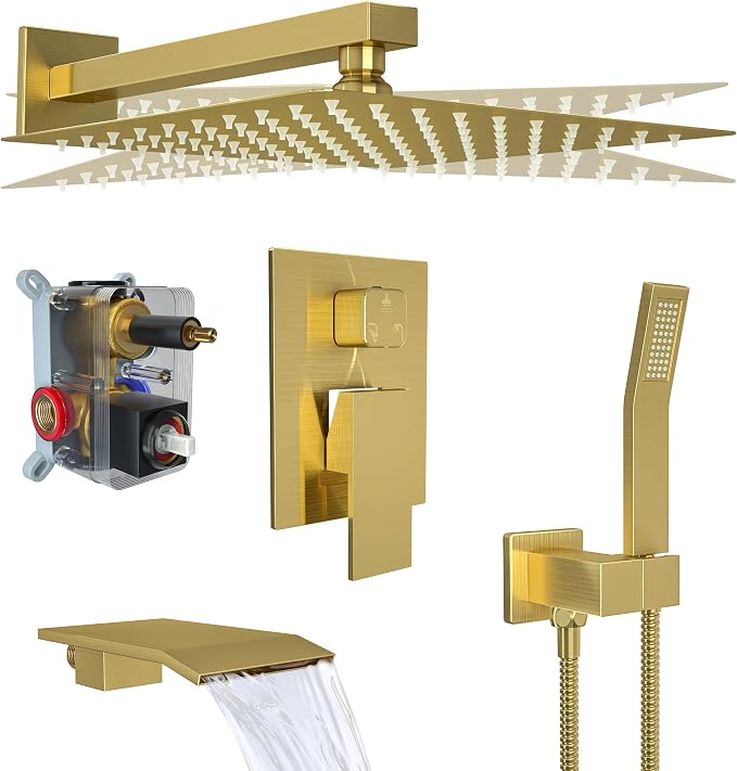 Gold High Pressure Shower System Set with Tub Spout,12 inch | Safe Pressure Balance Valve Bathroom Shower Faucet Set with Handheld, All-Metal Water Saving Rainfall Shower Trim Kit