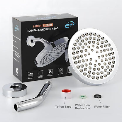 6" Rain Shower Head & 6" Shower Arm, Luxury Polished Chrome Finish | High Pressure 6 Inch Fixed Showerhead, Adjustable Replacement, 90 Nozzles, Removable Restrictor, Tool-Free Easy to Install