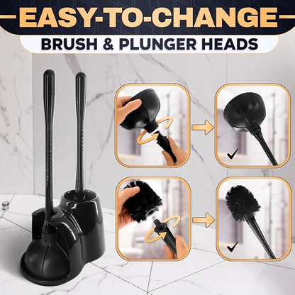 2-in-1 Black Toilet Brush and Plunger Set with Holder – Compact Bathroom Cleaning Combo, Strong Rubber Plunger & Stiff Bristle Brush, Space-Saving Stand, Fits Most Standard Toilets, 6.4×5.5×17.1 inch