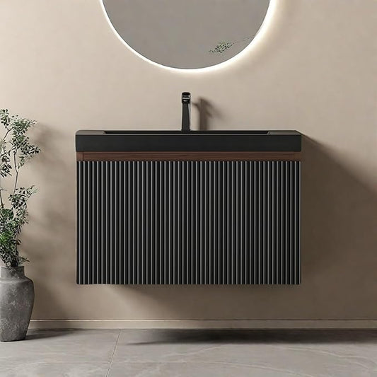 Wall Mounted Bathroom Sink Vanity, Modern 24" Floating Vanity with Resin Top Basin Sink and U-Shaped Soft-Close Storage Drawer, Striped Bathroom Storage Cabinet with Invisible Handle, Black