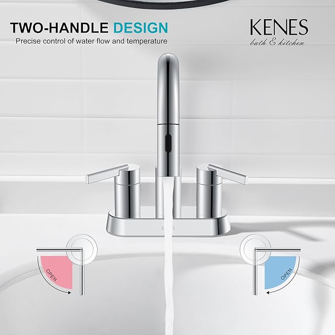 KENES Chrome Centerset Bathroom Faucet with Pull Down Sprayer, 4 Inch 2 Handle Pull Out Bathroom Faucet 3 Hole, Bathroom Sink Faucet with Pop Up Drain & Supply Lines LJ-9069-5