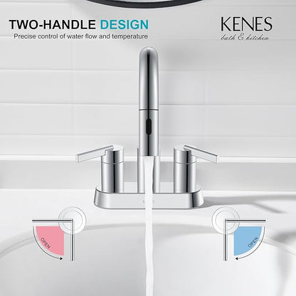 KENES Chrome Centerset Bathroom Faucet with Pull Down Sprayer, 4 Inch 2 Handle Pull Out Bathroom Faucet 3 Hole, Bathroom Sink Faucet with Pop Up Drain & Supply Lines LJ-9069-5