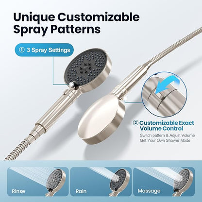 Rainshower Head with Handheld Spray, Retrofit Shower System | Solid Brass Connecter, High Pressure Shower Head with Adjustable Holder& Tub Spout, 60" Stainless Steel Hose, Brushed Nickel