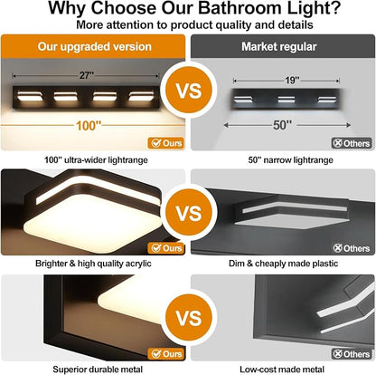 Torondo 360° Rotate LED Bathroom Vanity Light Fixtures, Acrylic Vanity Lights for Bathroom, Modern Wall Lighting Fixtures Over Mirror Living, Matte Black, Warm White, 4-Light, 27-Inch